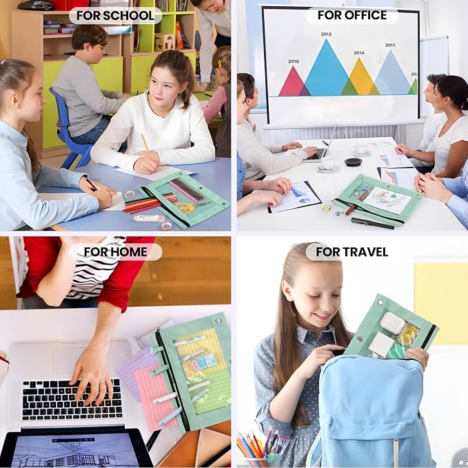 Lanpn Pencil Pouch for 3 Ring Binder 6 Pack, Pastel Binder Pen Bags with Zipper, 3 Holes Pencil Holder Stationary Organizer for Boy Girl Kids School Student, Reinforced Grommets & Clear Window, Green