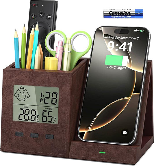 Desk Organizer with Wireless Charger, Digital Clock, Thermometer & Hygrometer - Multi-Functional Pencil Holder, Office Desk Accessories Storage Caddy for Home, Office, Men, Women (Battery Included)