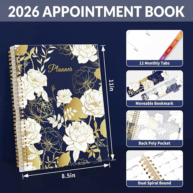 SUNEE 2026 Appointment Book, Quarter-Hourly, Weekly & Monthly - from January 2026 - December 2026, 8.5"x11" Weekly Planner, Flexible Cover, Note Pages, Pockets, Bookmark, Spiral Binding,