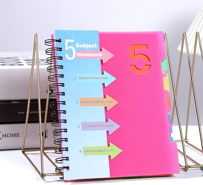 CAGIE 5 Subject Notebook, Small Spiral Notebook with Tabs | 6.1'' x 8.2'', A5 Spiral Notebooks College Ruled for Women, 240 Pages Note book for School Note Taking, Rose Pink