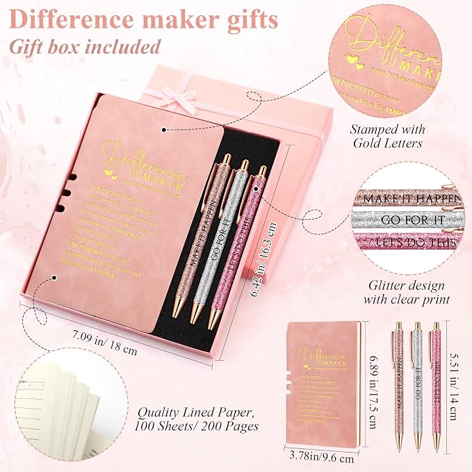 Thenshop 5 Pcs Difference Maker Gifts Journal with Pen Leather Notebook 3 Ballpoint Pens Box Thank You Gift for Nurse Boss Employee Coworker Teacher Volunteer Social Worker Assistant(Pink)