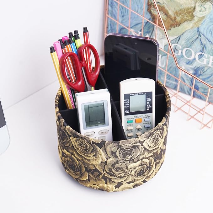 Round Leather Art Supply Organizer,Remote Control Holder,360 Degree Rotating,Multi-Functional Pencil Holder,4 Compartments Desktop Stationary Organizer(1-3D Rose Yellow)
