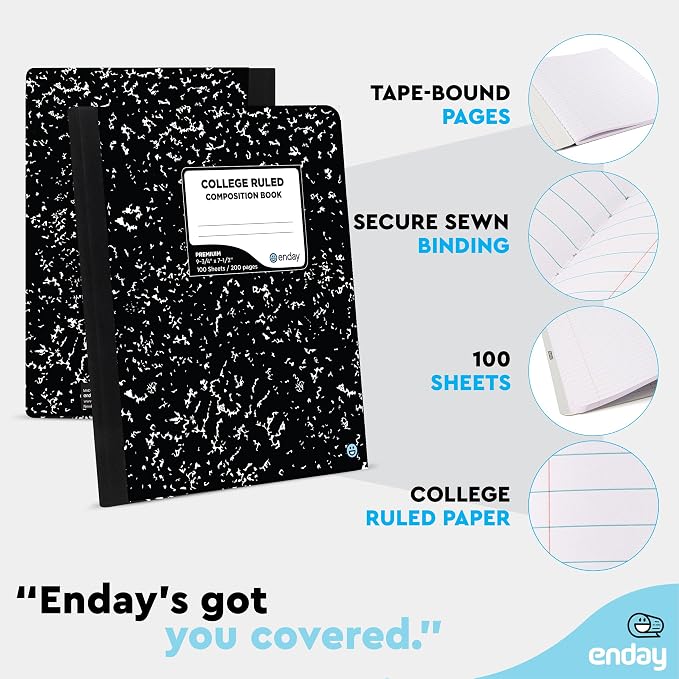 Enday Marble Composition Notebook College Ruled (4 Pack) | 100 Sheets Black Composition Notebook For Back to School, Home and Office