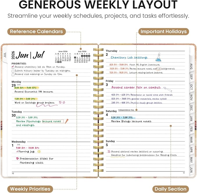 Planner 2026-2027, Academic Year Monthly and Weekly Calendar Planner, Jul 2026 - Jun 2027, Hardcover Teacher Student Planning Agenda book with Tabs, Perfect for School Office Supplies, 6.3" x 8.5" - Landscape