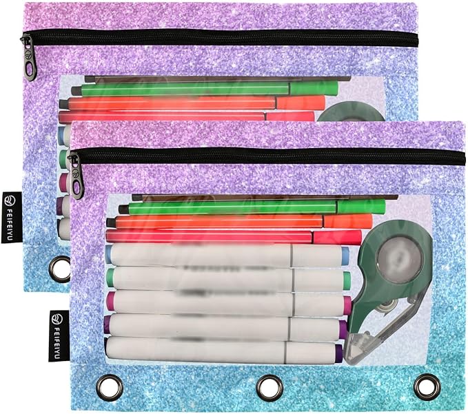 Gredecor Binder Pencil Pouch 3 Ring Glitter Blue Pink Zipper Pencil Pouches Case 2 Pack Clear Binder Organizer for School Office