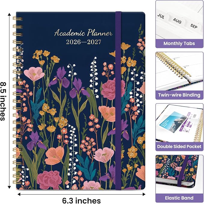 Planner 2026-2027, Academic Year Monthly and Weekly Calendar Planner, Jul 2026 - Jun 2027, Hardcover Teacher Student Planning Agenda book with Tabs, Perfect for School Office Supplies, 6.3" x 8.5" - Ink Blossoms