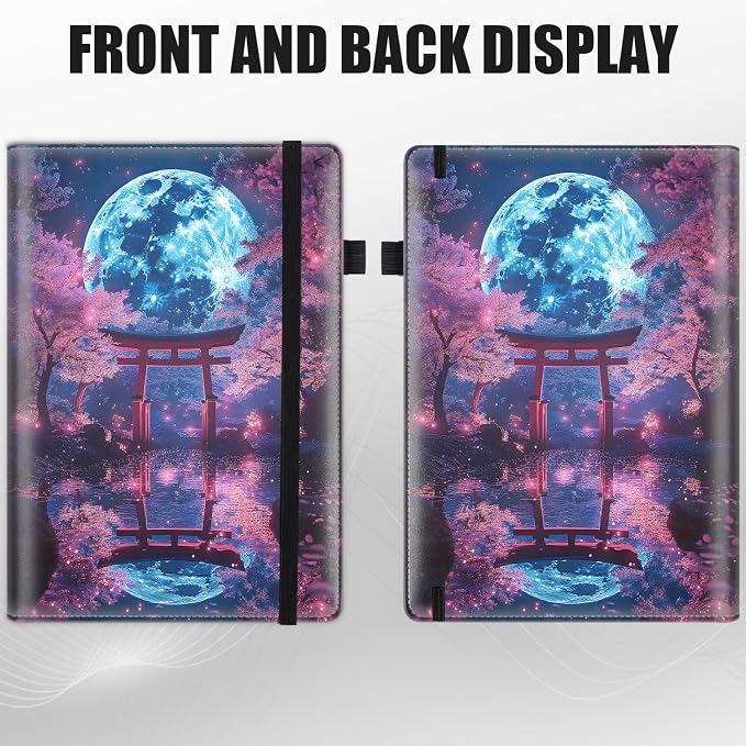 Hardcover Executive Notebooks, A5 PU Leather Lined Journal Notebook, 200 Pages Thick Paper Subject Notebooks for School,Work,Home Writing Business Notebook,Gate Under Moonlight Cherry Blossoms