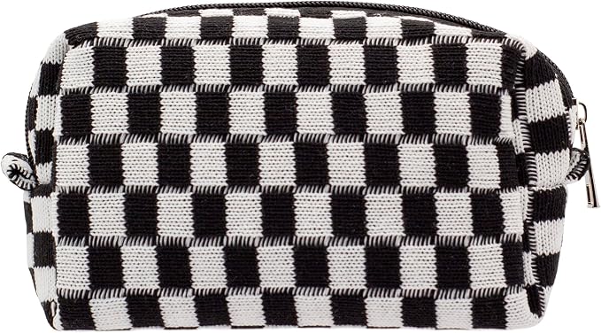 PAZIMIIK Checkered Makeup Bag for Purse Portable Zipper Make Up Pouch Small Cosmetic Case for Travel Accessories (Black) | Cute Zipper Makeup Organizer for Women, Travel Essentials, Toiletries, Makeup Brushes, Beauty Accessories&Bridesmaid Gifts