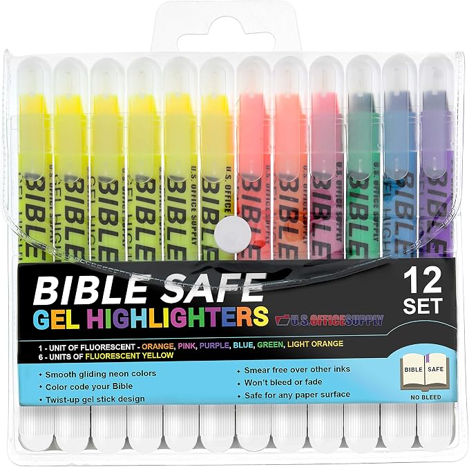 U.S. Office Supply Bible Safe Highlighter Set of 12, 6 Neon Yellow Highlight Colors & 6 Additional Colors, Dry Bible Highlighters No Bleed, Fade or Smear, Safe Gel Markers, Accessories, Study Guide