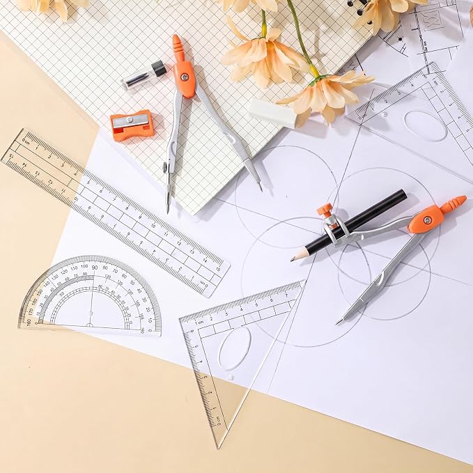 Zonon Math Geometry Set for Students 10 Pcs Compass Geometry Tools Kit Includes Protractor Compass Lead Refills Rulers Pencil Sharpener Eraser Pencil Storage Box for Drafting and Drawings(Orange)
