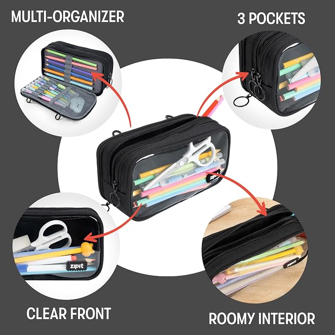 ZIPIT Half & Half Pencil Case, 3 Compartment Zipper Pouch for School, Stationery Bag for Teen Girls Boys and Adults, Black