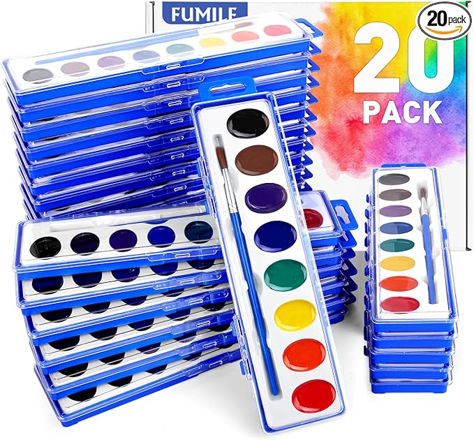 20 Pack Watercolor Paint Set Bulk for Kids, 8 Colors Washable Water Colors | Non-Toxic Water Paint with Paintbrush, Water Color Paint Set for Kids, Beginners and Adults, Ideal for Party Favor, Classroom
