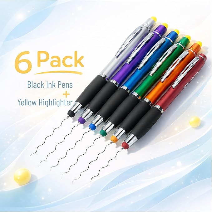 Mr. Pen- Bible Highlighter with Pen and Stylus for Touchscreens, 3 in 1 | 6 Pack, Colorful Barrels, Black Ink Ballpoint Ink Pens, Yellow Wax Gel Highlighters