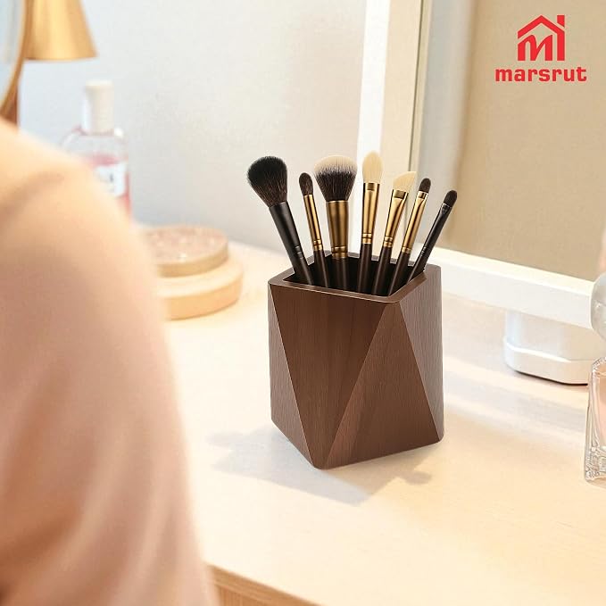 Geometric Pencil Holder, Wooden Pen Holder, Wood Cute Prismatic Storage Pot Cup Organizer Stand, Black Walnut, Multi-functional Accessories for Desktop, Office, School Supplies, Makeup Brushes, Home