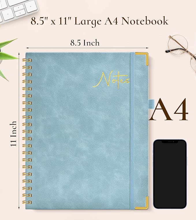 Hardcover Spiral Notebook Journal 8.5” x 11”, A4 Large Leather Notebooks for Women Men, Lined College Ruled Notebook, 100 GSM Paper, Spiral Bound Journals for Work School Note Taking Business, Blue