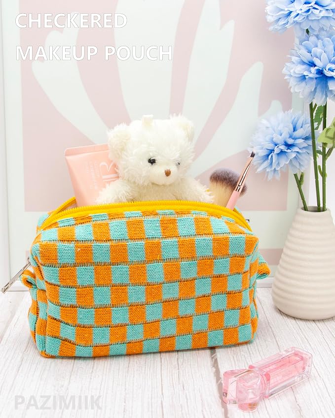 Checkered Makeup Bag for Purse, Small Cosmetic Pouch,Orange Green,2 Pack | Cute Zipper Makeup Organizer for Women, Travel Essentials, Toiletries, Makeup Brushes, Beauty Accessories&Bridesmaid Gifts
