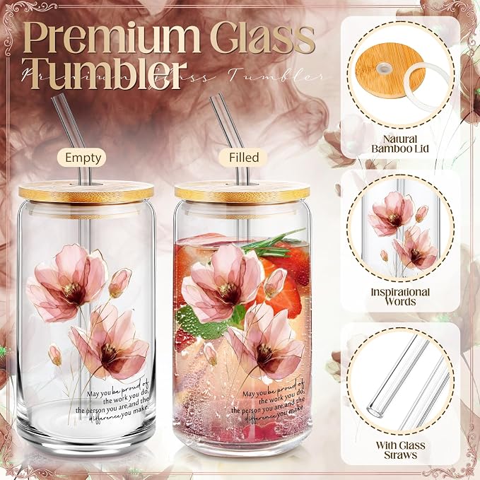 Funnymoom 6 Pcs Appreciation Gifts Set for Women Back to School Teacher Gifts Employee Thank You Gift with 17 oz Glass Tumbler Journal Pens and Pouch for Coworkers Educators,Floral,Pink