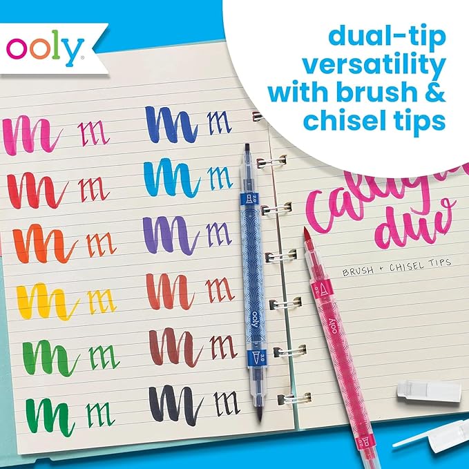 Ooly Calligraphy Duo Double-Ended Pens, Set of 12 | For Writing and Hand Lettering, Brush and Chisel Tip, Classic Colors, Acid-Free, Perfect for Beginners