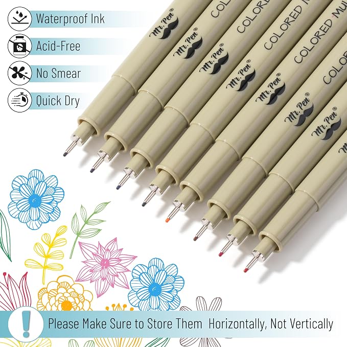 Mr. Pen- 0.45mm Micro Fine Point Pens, 8 Pack, Colorful Ink, Waterproof | Acid-Free, No-Smear Quick-Dry Fineliner Pens for Drawing, Sketching, Bible Journaling, Outlines & Everyday Writing