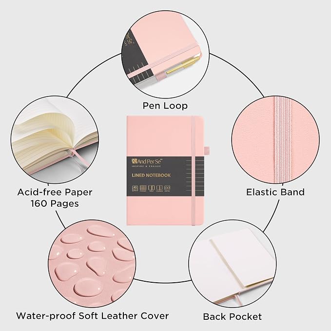 &And Per Se Lined Journal and Pen Set, A5 Leather Hardcover Notebook with Pen & Stationary Set, 160 Pages 100GSM Thick Ruled Paper Journal for Business Work Writing (Pink)