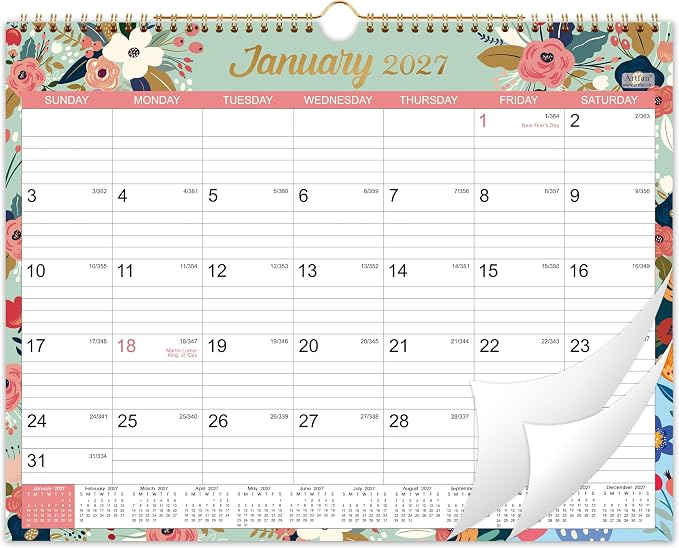 2027 Calendar - 2027 Wall Calendar, Jan.2027 - Dec.2027, 15" x 11.5" | 2027 Wall Calendar 12 Month, Twin-Wire Binding, Julian Dates, Large Block, Notes, To-do List, Thick Paper - Floral