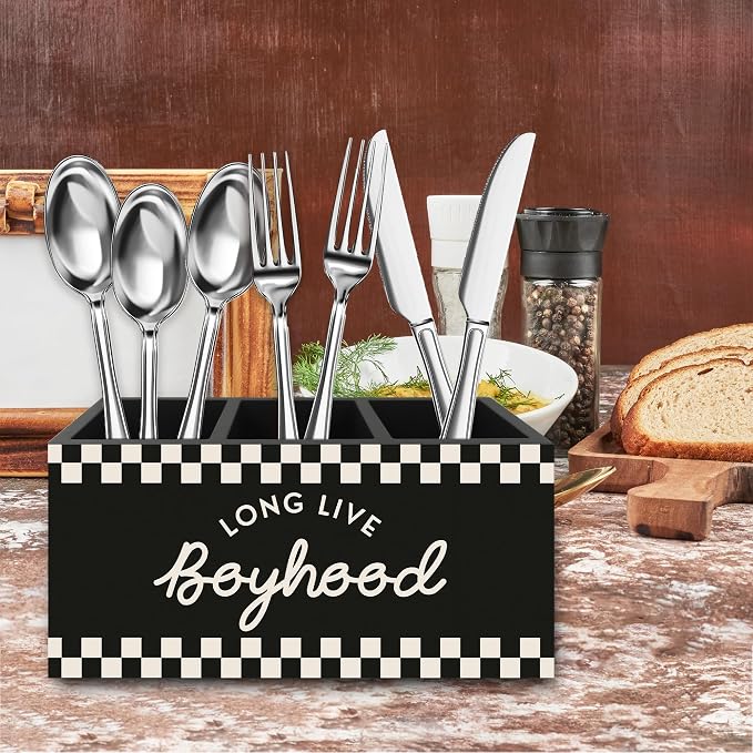 Boy Nursery Decor Pen Pencil Holder Organizer for Desk, Long Live Boyhood Black Checkered Wooden Box Signs Decorations for Kids Toddler Boys Room Bedroom Desk Tabletop, Boys Room Decor