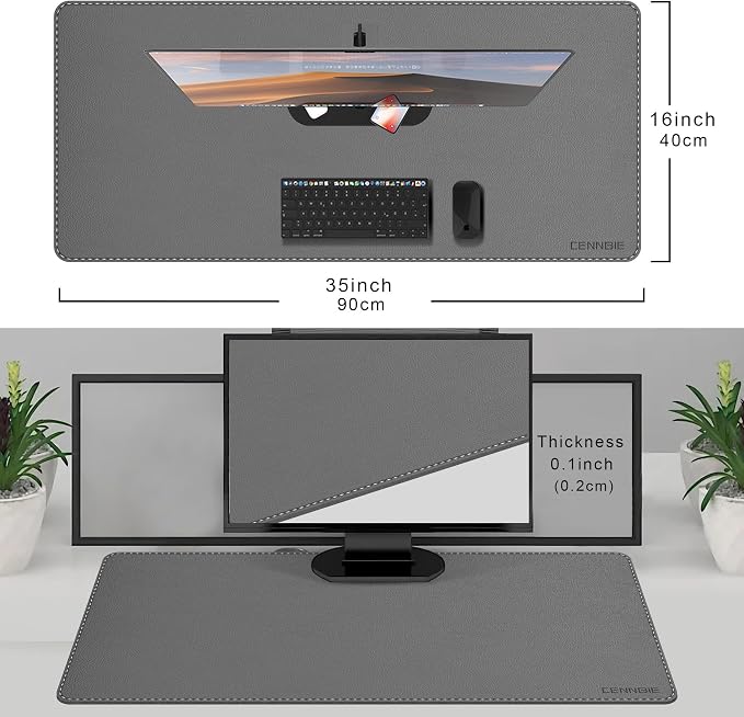 CENNBIE 35.5" x 16" Leather Desk Mat, Computer Mouse Pad for Office(Grey) | Premium stitched edges resist wear. Easy to clean. Protects desk from spills, stains ,scratches. Smooth glide. Office & home.