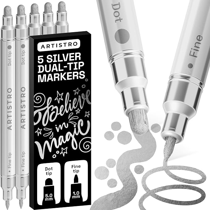 ARTISTRO 5 Silver Dual-Tip Acrylic Paint Markers – Paint Pens Set with Dot & Fine Tips for Fabric, Rock, Glass, Wood, Coloring Books – Arts & Crafts Gift – Classroom Must Haves & School Supplies