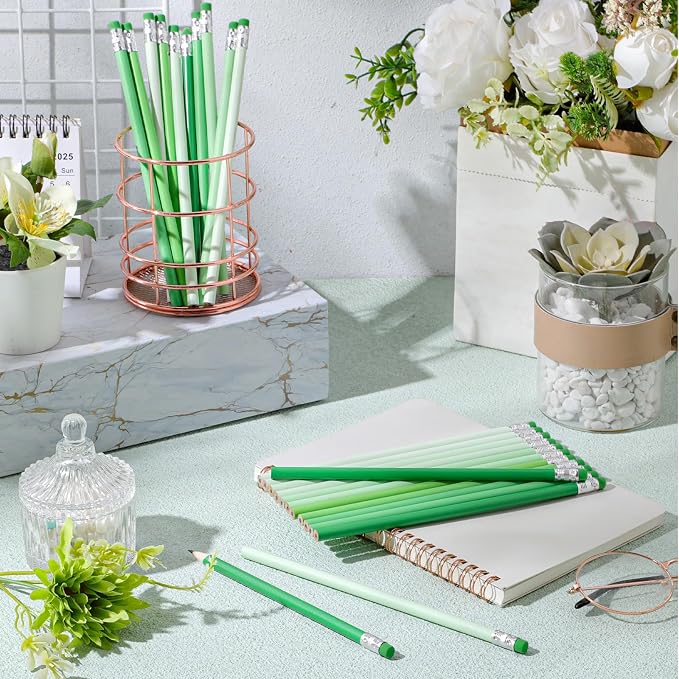 24 Pcs Round Pencils with Eraser 2 HB Cute Pencils Bulk for School Graphite Wood Color Unsharpened Pencil for Drawing Sketching Wedding School Teacher Supplies Student Reward(Green)