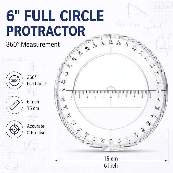Zonon 2 Pack 360 Degree Protractor, 6 Inch Multifunctional Drawing Ruler Rotatable Mathematical Function Math Geometry Ruler Set, Large Clear Circle Protractor Drafting Tools for Engineering(Classic)