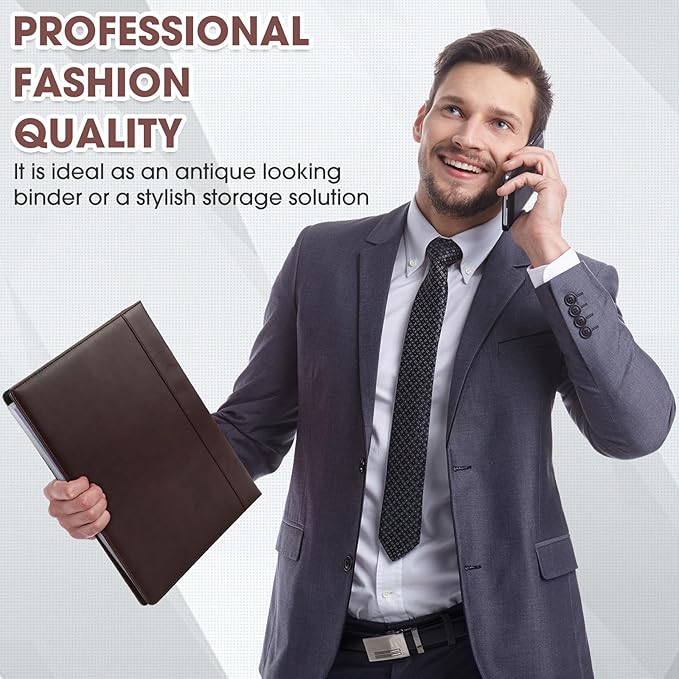 Yexiya 4 Pcs Vintage Hardback 3 Ring Binder Planner Portfolio Leather Round Ring Binder Organizer Holds 200 Sheets with 2 Inner Pockets, 13 x 10 Inch(1.5 Inch,Brown)
