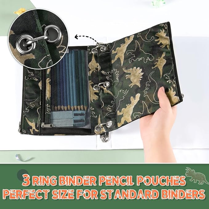 WAWSAM Dinosaur Pencil Pouch for 3 Ring Binder, Zipper Pencil Pouch for Boy | 2 Pocket Clear Window Pencil Case, 3 Ring Pencil Pouch for School Supplies, Pencil Bags for Office College