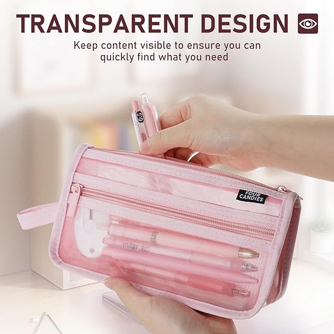 Four Candies Grid Mesh Pencil Case, Double-Layer, Clear, with Handle | Cute Stationary, Marker Organizer, Makeup Bag, Transparent Mesh, Smooth Zipper, Travel Friendly, for Adult Office College