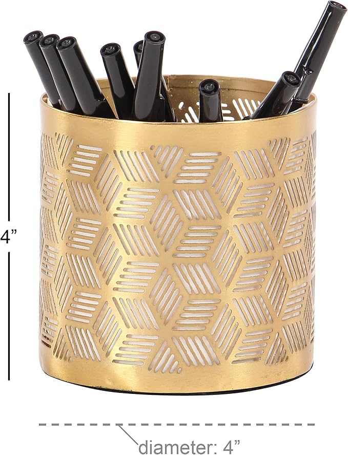 Deco 79 Metal Geometric Pencil Cup with Laser Carved Design, 4" x 4" x 4", Gold | Desk Storage Geometric Pen Holder With Laser Carved Design Pen Cup