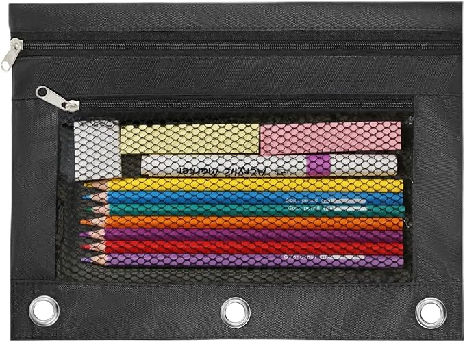 3 Ring Binder Pencil Pouch - Oxford Fabric Pencil Case with 2 Zippered Pockets, Clear Mesh Window Pencil Bag, B5 Size for Office & Travel Supplies (Black)
