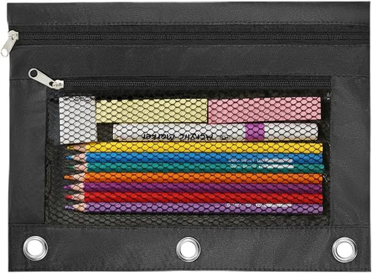 3 Ring Binder Pencil Pouch - Oxford Fabric Pencil Case with 2 Zippered Pockets, Clear Mesh Window Pencil Bag, B5 Size for Office & Travel Supplies (Black)