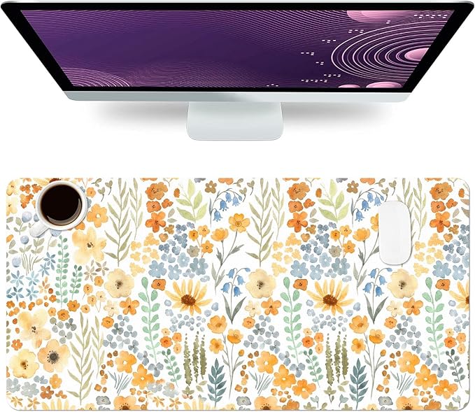 Flower Large Mouse Pad, Floral Desk Matt for Desktop, PU Leather Waterproof Desk Pad, Computer PC Laptop Protector Gaming Mouse Pads for Women Office Decor (23.6" x 11.8")