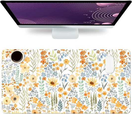 Flower Large Mouse Pad, Floral Desk Matt for Desktop, PU Leather Waterproof Desk Pad, Computer PC Laptop Protector Gaming Mouse Pads for Women Office Decor (27.5" x 13.8")