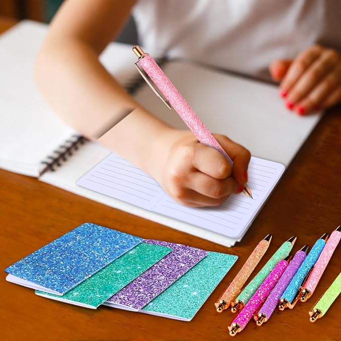 Sayglossy 16 Pack Glitter Pens and Notepads Set 8 Mini Glitter Pocket Notebooks 8 Fancy Sparkly Ballpoint Pens Stationery Gifts for Women Teacher Journaling School Office Supplies (Classic Color)