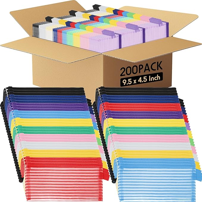 Zhehao 200 Pieces A6 Mesh Zipper Pouch Bulk Mesh Bags with Zipper Waterproof Small Pencil Pouches for Office Supplies Organization 9.4 x 4.5 Inches(Bright Colors)