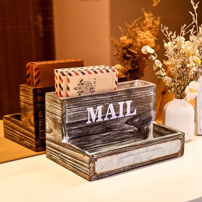 OKSQW Farmhouse Wood Desktop Desk Mail Organizer with 2-Slot Desktop Mail Sorter Holder File Organizer Bill Paper Folder Office Desk Accessories Rustic Office Supplies Home Decor