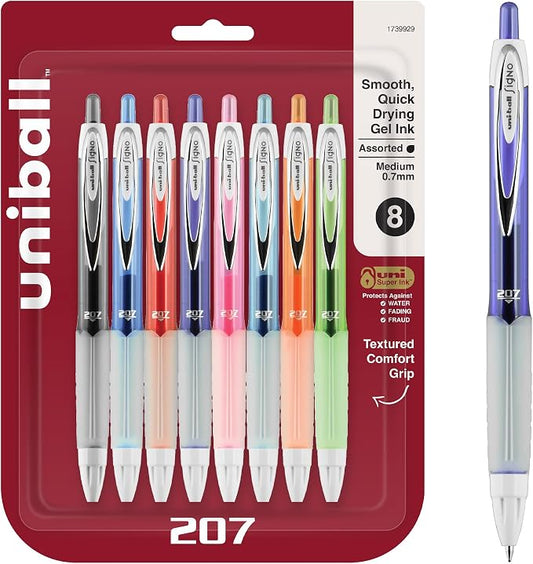 uniball 207 Fashion Retractable Gel Pens, Medium Point (0.7mm), Assorted, 8 Pack