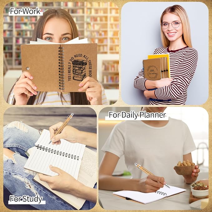 Thenshop 12 Sets Book Lover Gift Librarian Inspirational Spiral Notebook Pen Bulk Book Club Gift Reading Journal Librarian Back to School Gifts for Women Reader Teacher Bookish Bookworm (Brown)