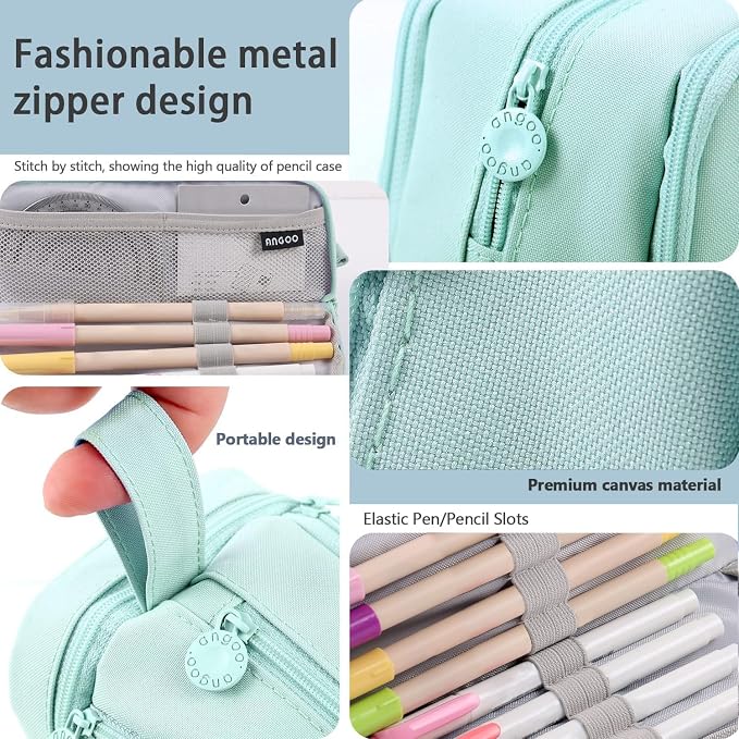 Large Capacity Pencil Case 4 Compartments, Pencil Pouch Bag with Zipper Portable Handle, Pen Case Bag Stationery Organizer for Office College School Adults Teen Girls Boys Men Women, Light Green