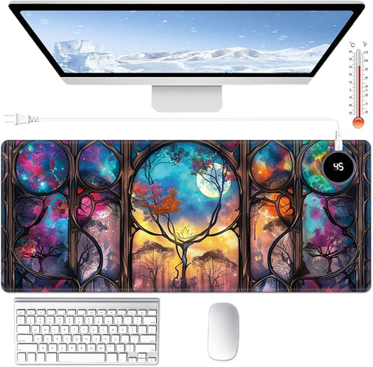 Heated Desk Pad Large Mouse Pad 31.5 x 13 inch with 3 Levels Heating & Auto Shut-Off Warm Mouse pad PU Leather Computer Mousepad for Home Office Work - Galaxy Tree Moon