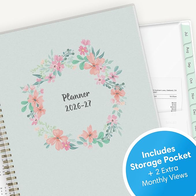 Blue Sky 2026-2027 Weekly & Monthly Academic Planner, 8.5"x11", Laurel | July 2026 - June 2027, Flexible Cover, Wirebound, Laminated Tabs, Storage Pocket, Academic Year