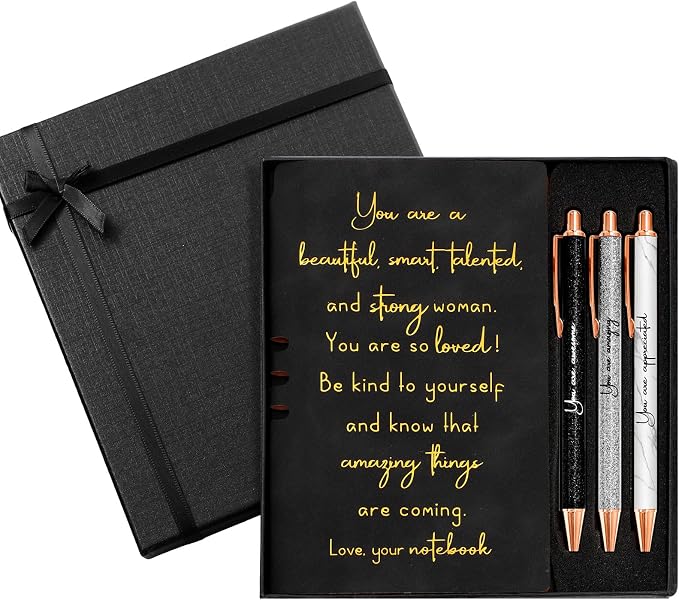 Resurhang 5 Pcs Inspirational Journal for Women Employee Appreciation Gift A6 Leather Journal Glitter Ballpoint Pen with Box for Back to School Teacher Coworker Female Secretary Nurse(Black)