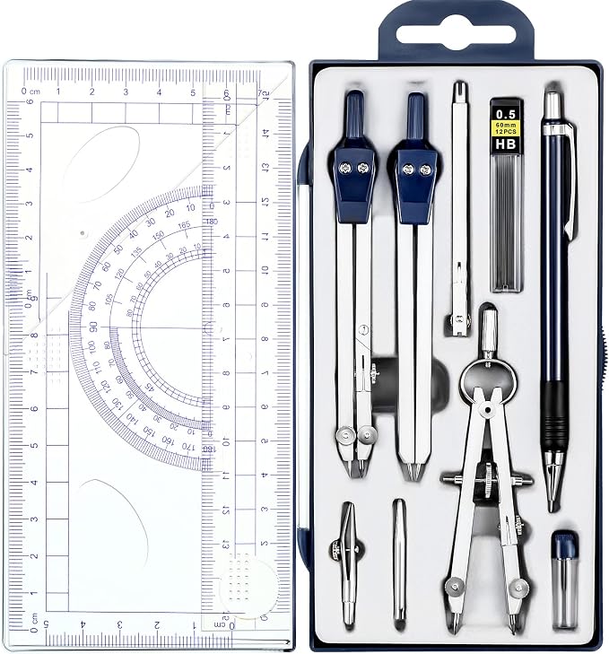 Outus 13 Pcs Geometry Set for Students Metal Compass Math Protractor | Rulers Mechanical Pencil Lead Refills Storage Box Protractors Kit for School Class Student Drafting Drawing