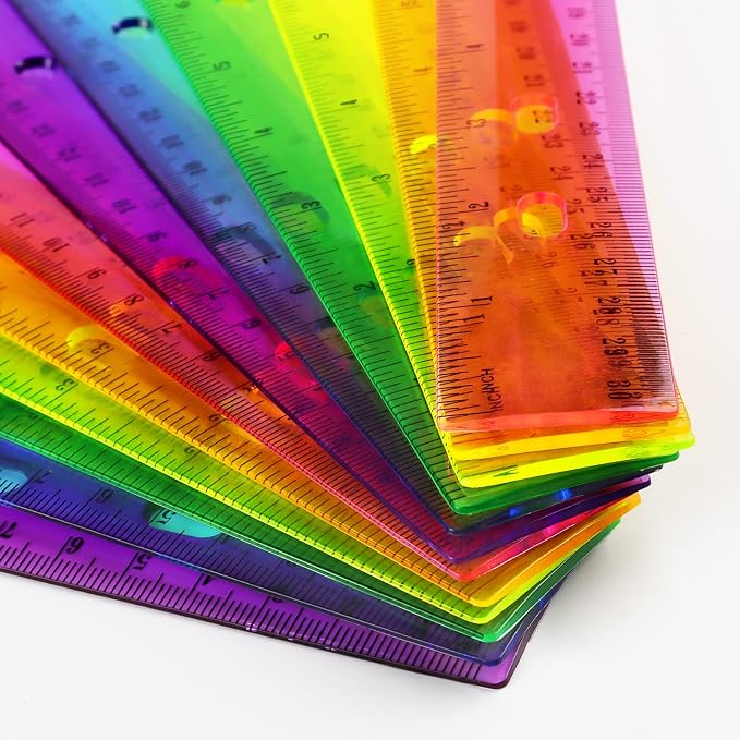 ZZTX 6 Pack Color Transparent Ruler Plastic Rulers 12 Inch | Clear plastic, Dual scale, For school home office