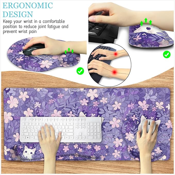 LIMKRIAN Purple Mouse Pad Large Desk Mat Set, Kawaii Cat Gaming Mousepad | Ergonomic Wrist Rest, Computer Mat, Keyboard Wrist Support, Coaster, Cute Purple Office Desk Accessories Cat Decor Supplies